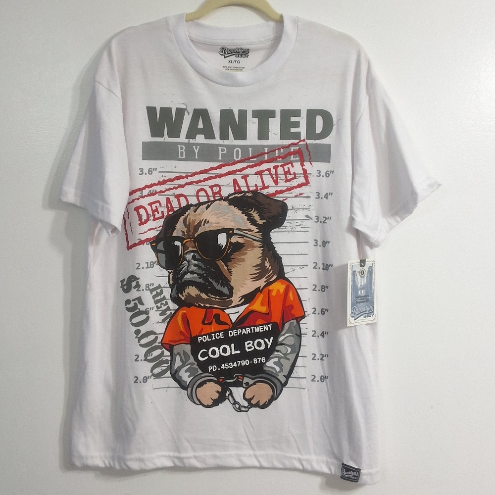 Brooklyn’s Best Men's White Pug Mugshot Graphic Tee-Wanted Design, Size XL, NWT